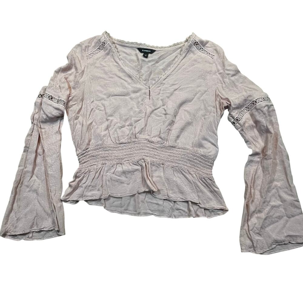 Express Pink Boho Peplum Blouse Womens Medium Smocked Waist Lace Trim Top Bell
